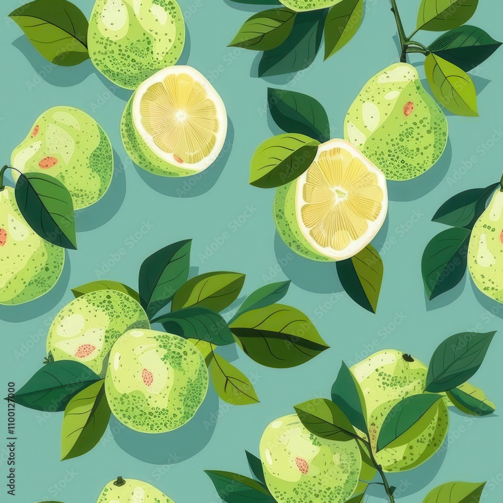 Poster seamless minimal guava pattern with green leaves for fabric and textile designs