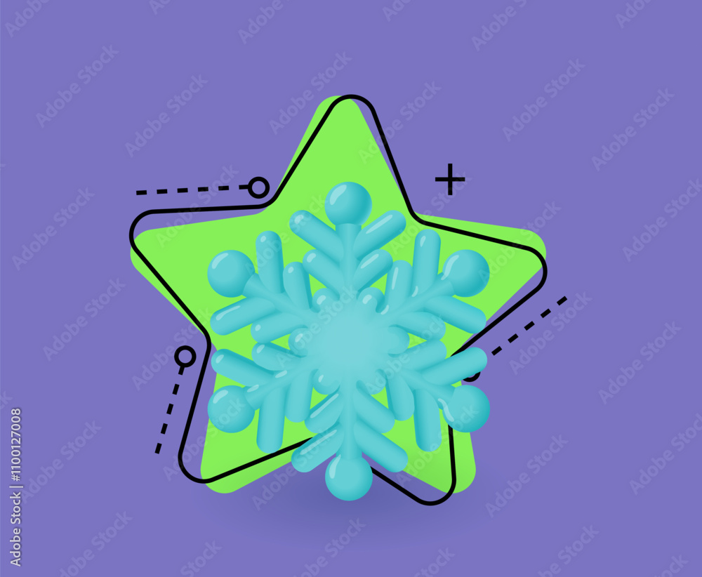 Poster beautiful blue snowflake 3d illustration. three-dimensional flake vector on abstract background. dec