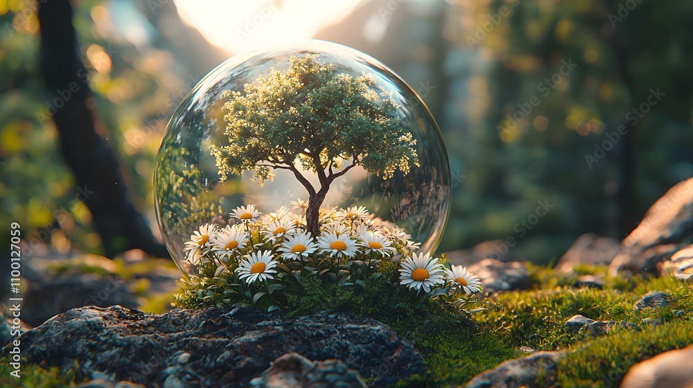 Poster a serene green landscape with a tree encased in a transparent sphere surrounded by daisies, illumina