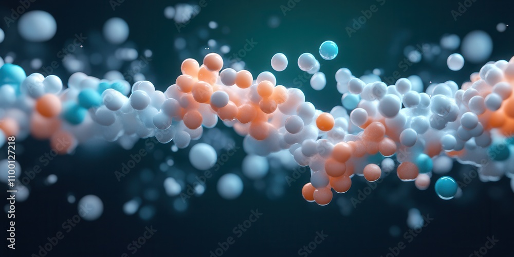 Poster Abstract representation of colorful molecular structures, featuring spheres in various sizes, suggesting dynamic movement and scientific themes.