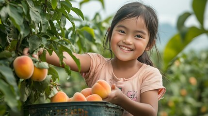 Smiling Girl Picking Peaches