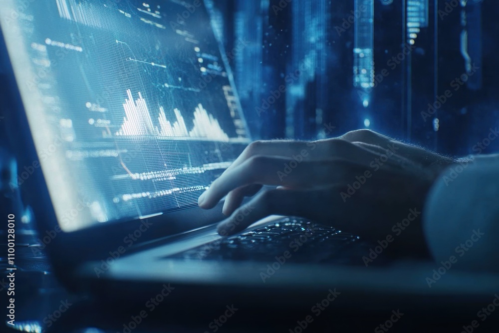 Poster close-up of hands typing on laptop with glowing data screen.