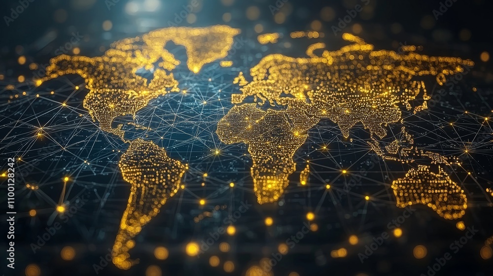 Poster glowing digital world map with interconnected lines