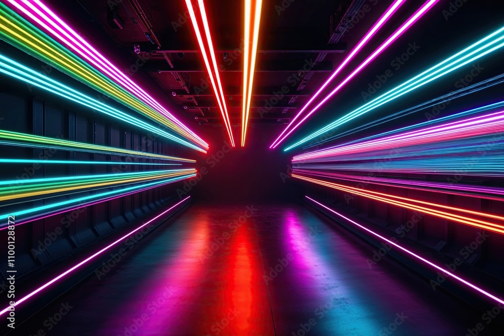 Poster colorful neon trails: bold 3d visuals of oscillating linear luminosity in a dark futuristic setting