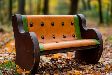 A cozy park bench surrounded by colorful fallen leaves, with a soft-focus autumn backdrop of trees and pathways