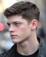 Obraz premium A Close Up Portrait of a Young Man with a Stylish Haircut, Brown Hair, and a Clean-Shaven Face. His Expression is Serious and His Eyes are Captivating.