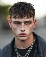 Fototapeta premium Intense Gaze of a Young Man with Freckles and a Leather Jacket: A Close-Up Portrait