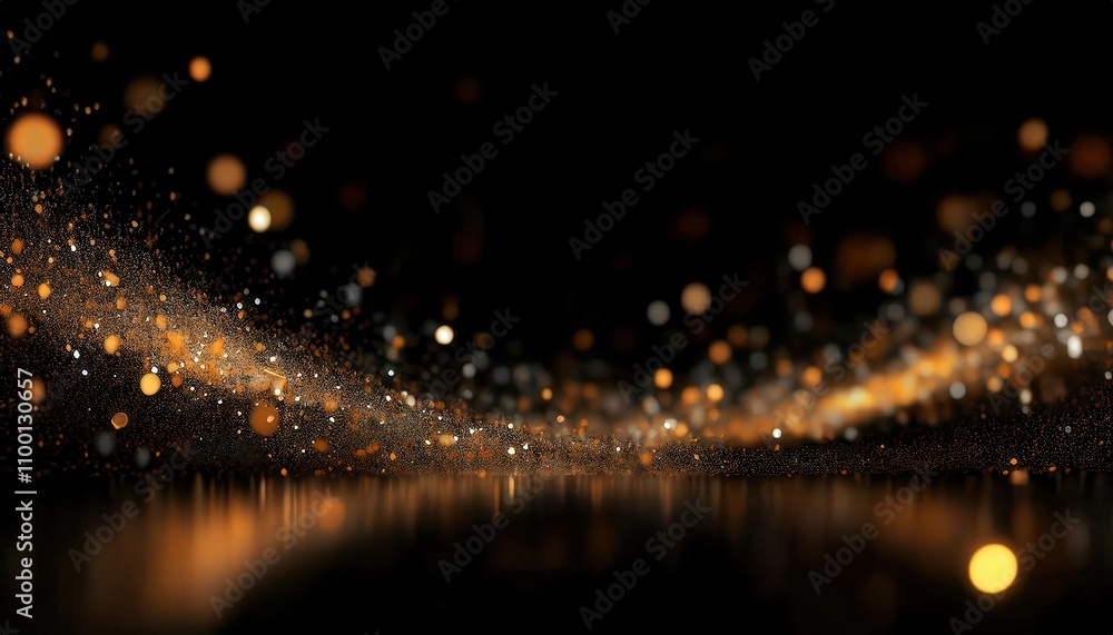 Poster Mesmerizing Christmas Sparkles. Glittering Golden Bokeh and Shimmering Particles on Black Backdrop. Magical Scene for Holiday Cards, Festive Decorations, or Elegant New Year Invitations