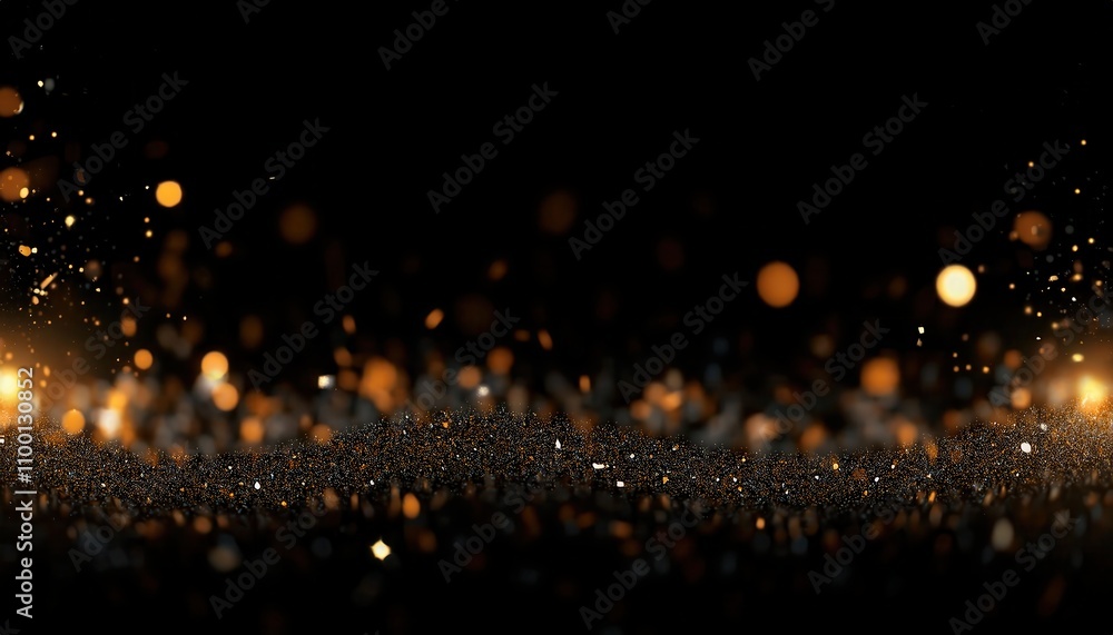 Poster Mesmerizing Christmas Sparkles. Glittering Golden Bokeh and Shimmering Particles on Black Backdrop. Magical Scene for Holiday Cards, Festive Decorations, or Elegant New Year Invitations