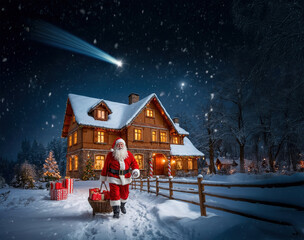 Santa Claus brings gifts between the houses with illuminated and decorated fir trees for Christmas, in the sky a comet shows the way