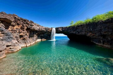 Fototapeta premium A crystal-clear waterfall cascading into a lush, vibrant jungle, surrounded by tropical plants and mist