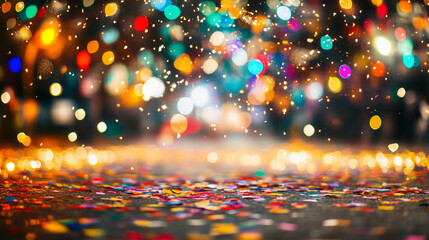 Colorful confetti falls in front of colorful lights bokeh background street party scene, carnival celebration, party, new years, mardi gras, holiday concepts -- no people. 