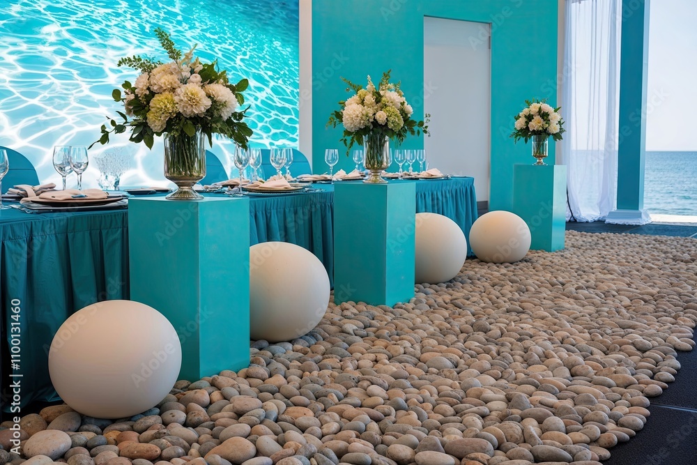 Poster a delightful aqua setup for events featuring a stage, smooth pebbles, and a refreshing background