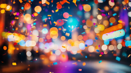 Colorful confetti falls in front of colorful lights bokeh background street party scene, carnival celebration, party, new years, mardi gras, holiday concepts -- no people.	