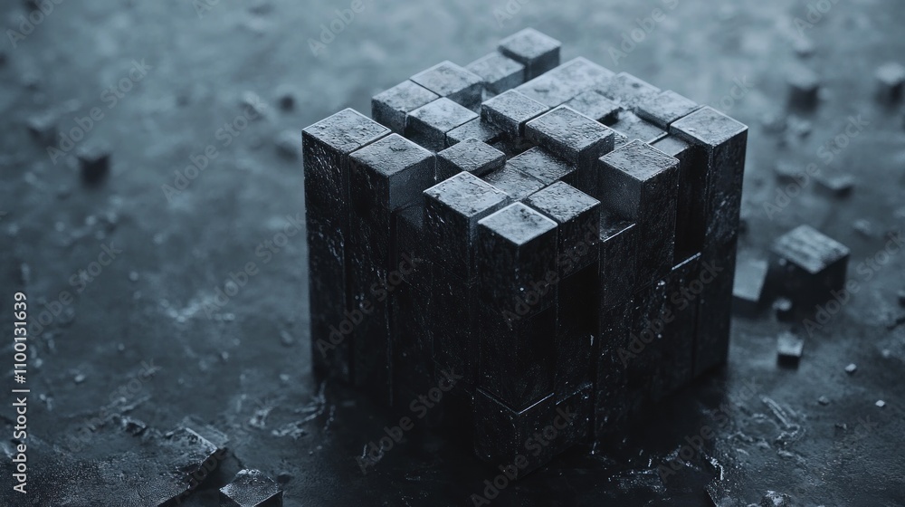 Poster dark grey cube structure composed of many smaller cubes on a textured surface.