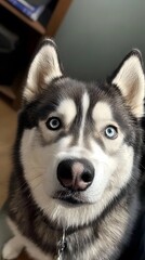 Obraz premium Siberian husky portrait with piercing eyes indoor photo close-up animal
