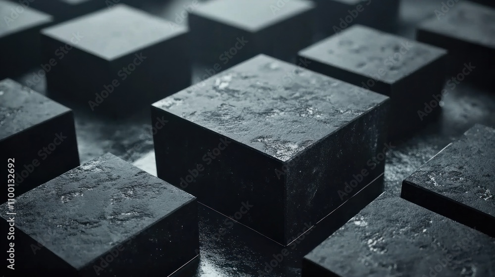 Poster dark textured cubes arranged in a grid pattern on a reflective surface.