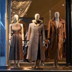 Shop windows with mannequins dressed in modern style. 