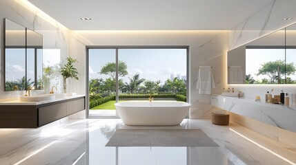 Naklejka premium A modern bathroom with marble finishes, a large soaking tub, and natural light.