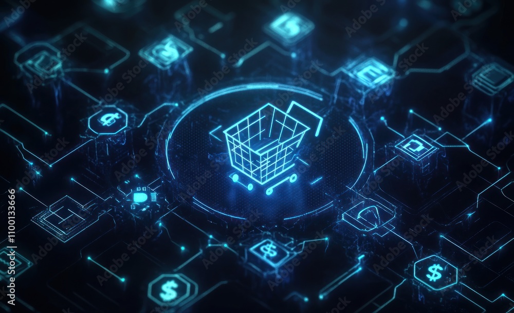 Poster digital shopping cart icon glowing on a circuit board, representing online transactions and e-commer