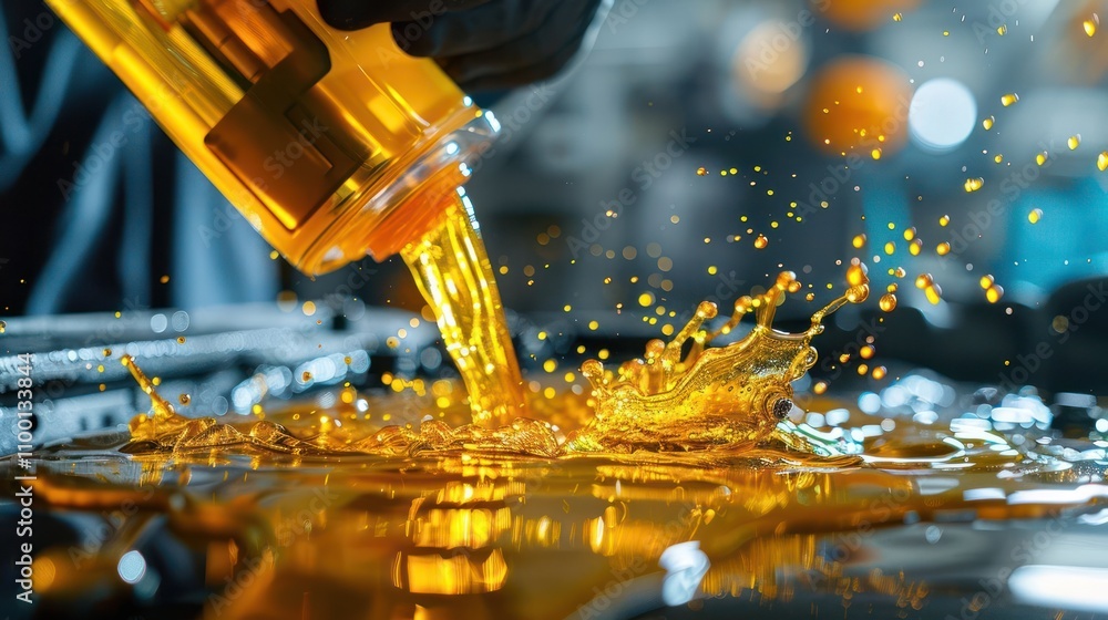 Poster a close-up of oil being poured, creating splashes on a surface, showcasing fluid dynamics.