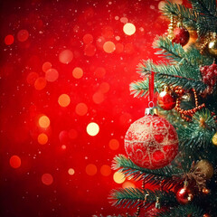 Christmas Tree In Bright Red Background - Bauble Hanging On Fir Tree With Abstract Lights