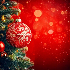 Christmas Tree In Bright Red Background - Bauble Hanging On Fir Tree With Abstract Lights