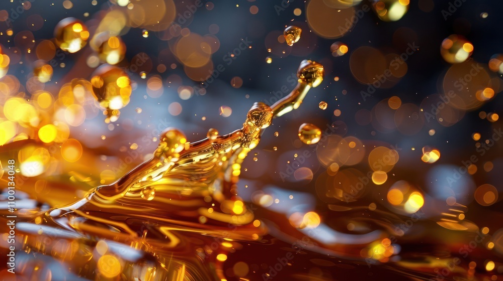 Poster close-up of liquid droplets creating splashes with a shimmering, golden effect.
