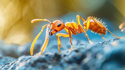 Obraz premium A close-up of a vibrant orange ant on a textured surface with a blurred background.