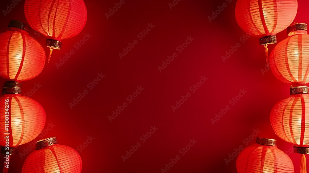 Poster a collection of red lanterns against a red background, creating a festive atmosphere.