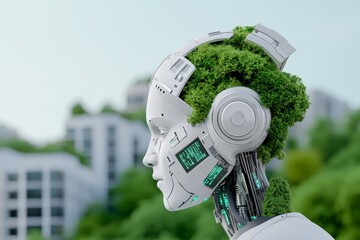 A futuristic humanoid figure enveloped in green foliage, set within a serene, high-tech environment amidst a lush, vibrant landscape.
