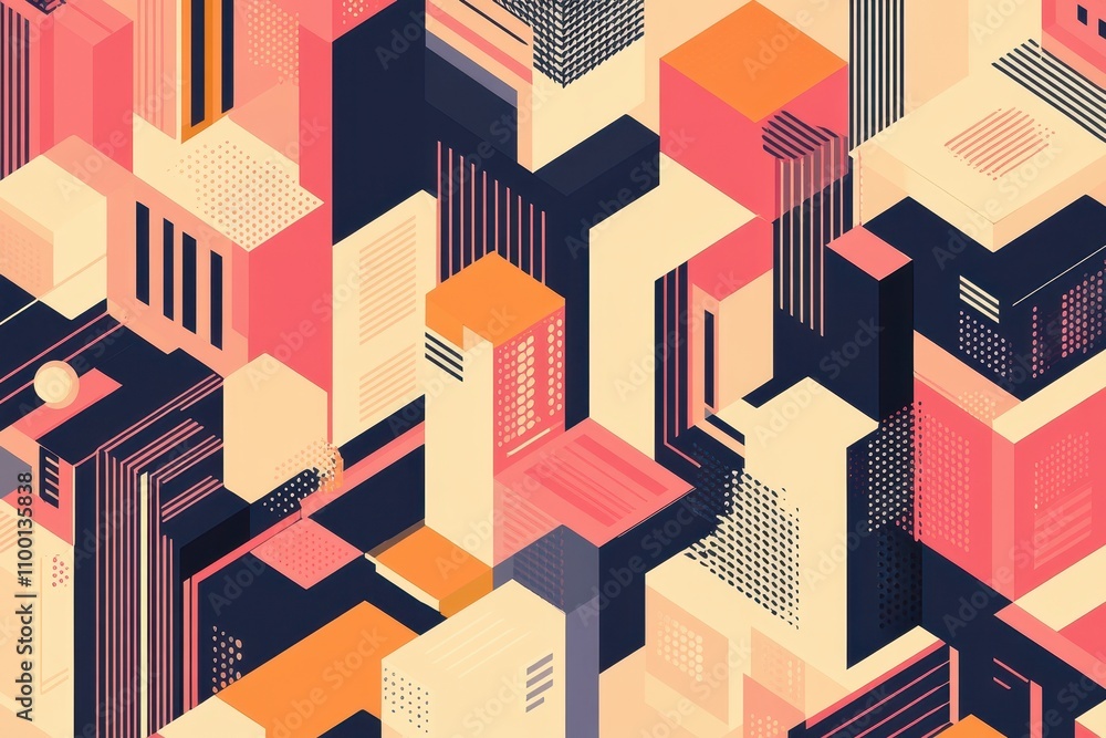 Poster a vibrant abstract illustration of colorful geometric buildings, creating a modern cityscape with la