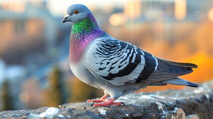 A colorful pigeon stands on a ledge with a blurred urban background.
