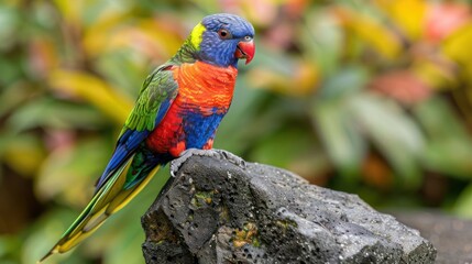 Naklejka premium A colorful parrot perched on a rock, showcasing vibrant plumage against a blurred background.