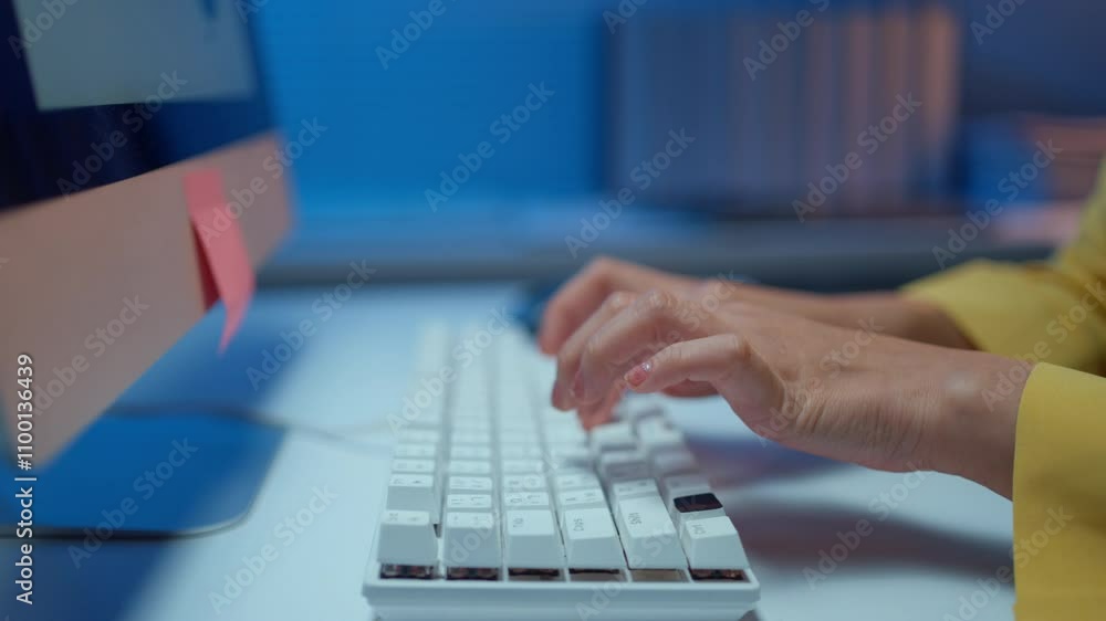 Poster office worker is diligently typing on a white keyboard, illuminated by the soft glow of a computer s