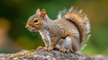 Fototapeta premium A close-up of a squirrel perched on a rock, showcasing its detailed fur and vibrant tail.