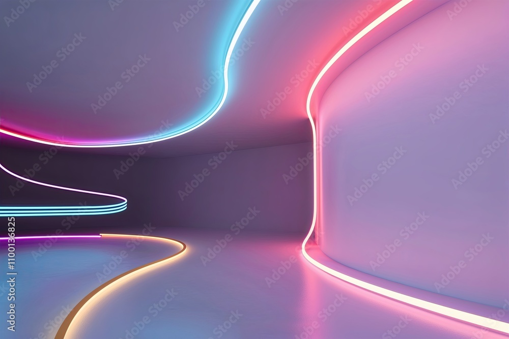 Poster 3d render of an abstract neon background with colorful glowing curvy lines and minimalist futuristic