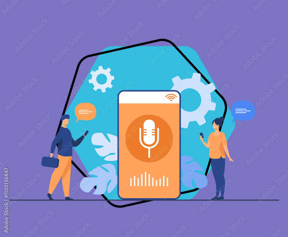 Poster people using voice assistant app on smartphone with speaker on screen. vector illustration for sound