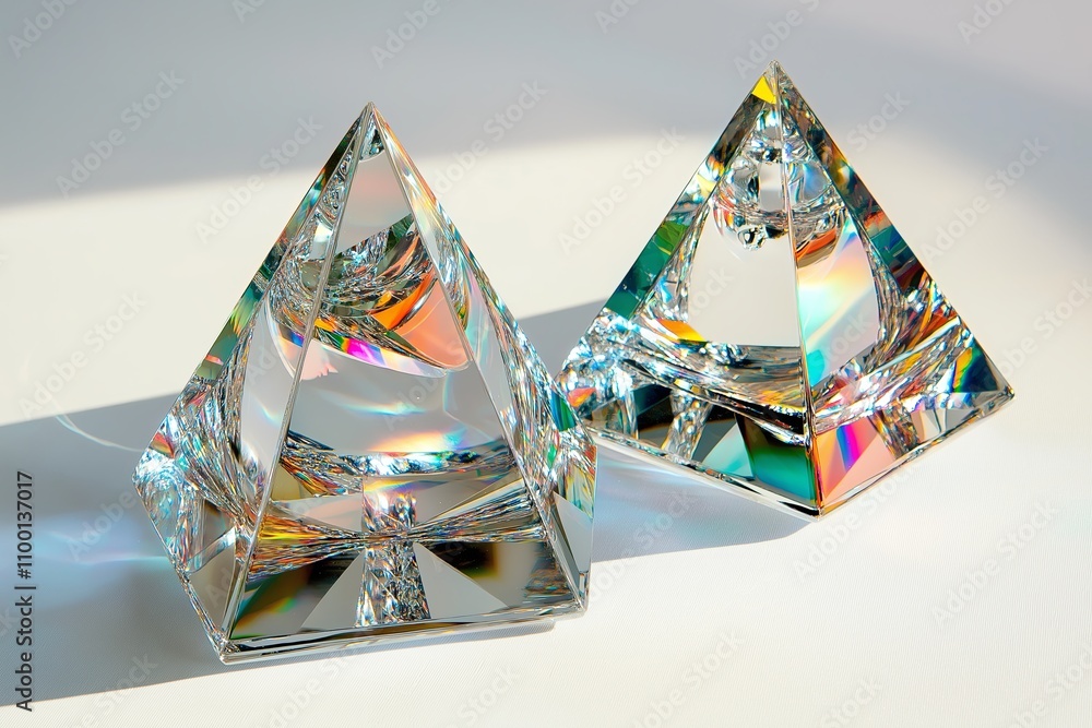 Poster Modern triangular prisms with metallic and mirrored surfaces reflecting soft light