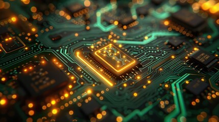 Obraz premium Close-up of a circuit board with glowing components, showcasing technology and design.