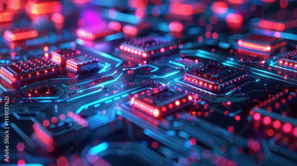 Poster a vibrant close-up of a circuit board with glowing components and intricate pathways.