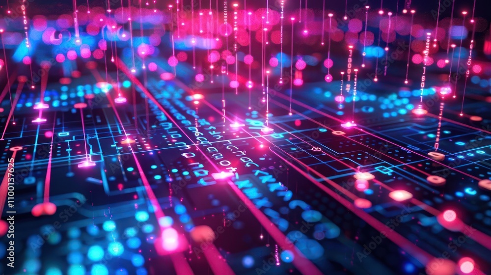 Poster abstract digital circuitry with glowing nodes and connections, representing technology and data flow