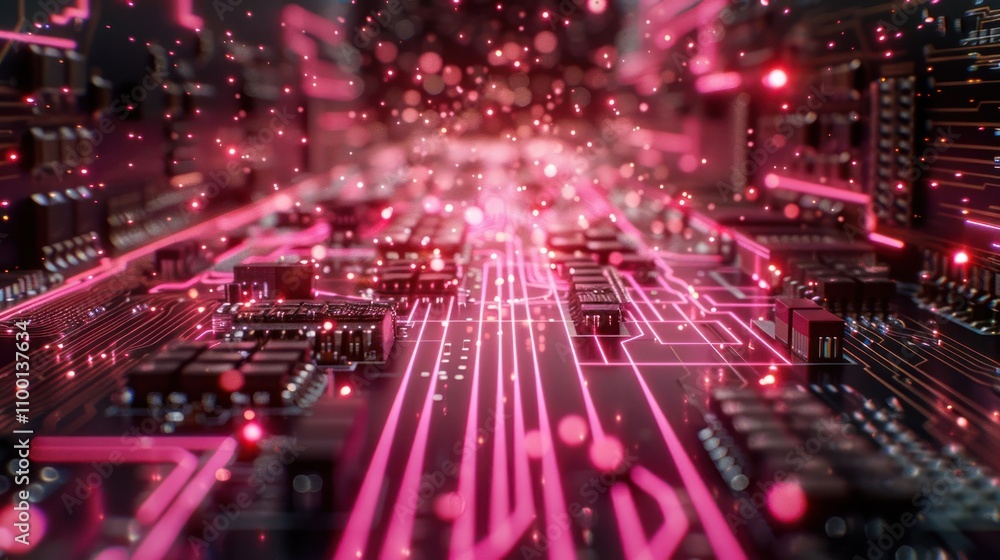Poster abstract digital circuit board with glowing lines and particles, representing technology.
