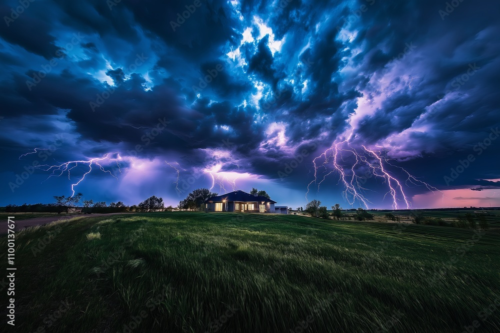 Poster a rolling thunderstorm over a vast, empty plain with bolts of lightning streaking across the sky