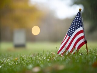 A small American flag stands on a dewy lawn in a cemetery during rainfall, symbolizing patriotism, remembrance, and honor.
