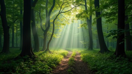 Obraz premium Sunbeams in a Lush Forest