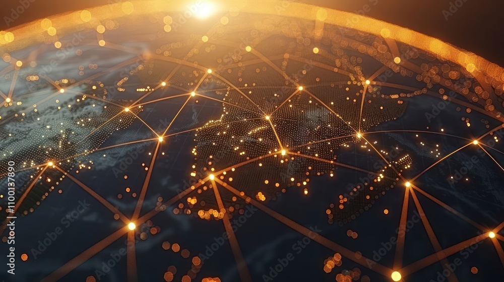 Poster a digital globe interconnected by glowing lines, representing global connectivity and networks.