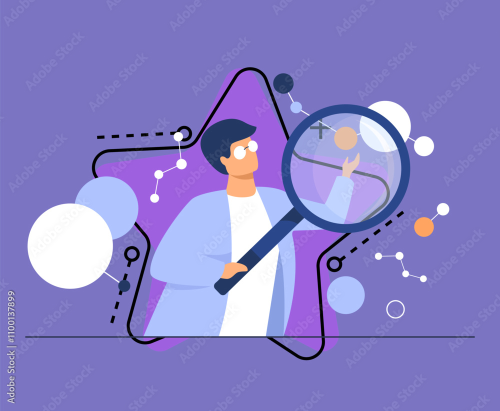 Aufkleber scientist doing scientific research. cartoon character using magnifying glass, studying neuron algor