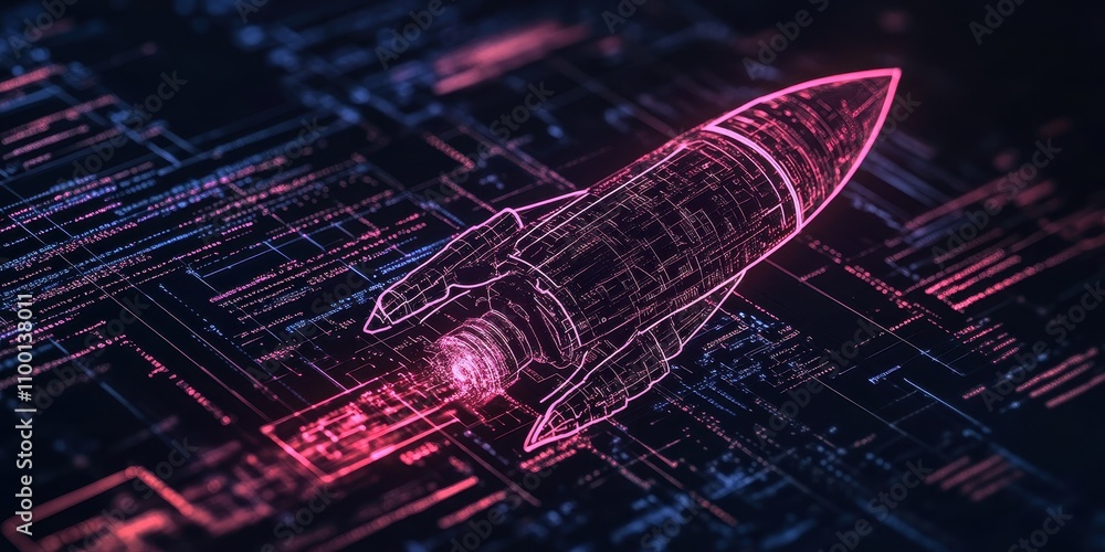 Poster a digital illustration of a sleek rocket surrounded by vibrant neon circuits, symbolizing innovation