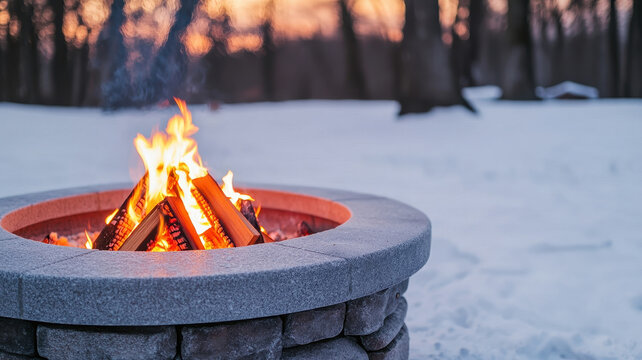 warm glow of firepit surrounded by snow creates cozy atmosphere in winter landscape. flickering flames contrast beautifully with cold surroundings